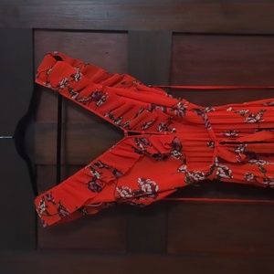 Loved By You Red Orange Floral Print Pleated Chiffon Maxi Dress